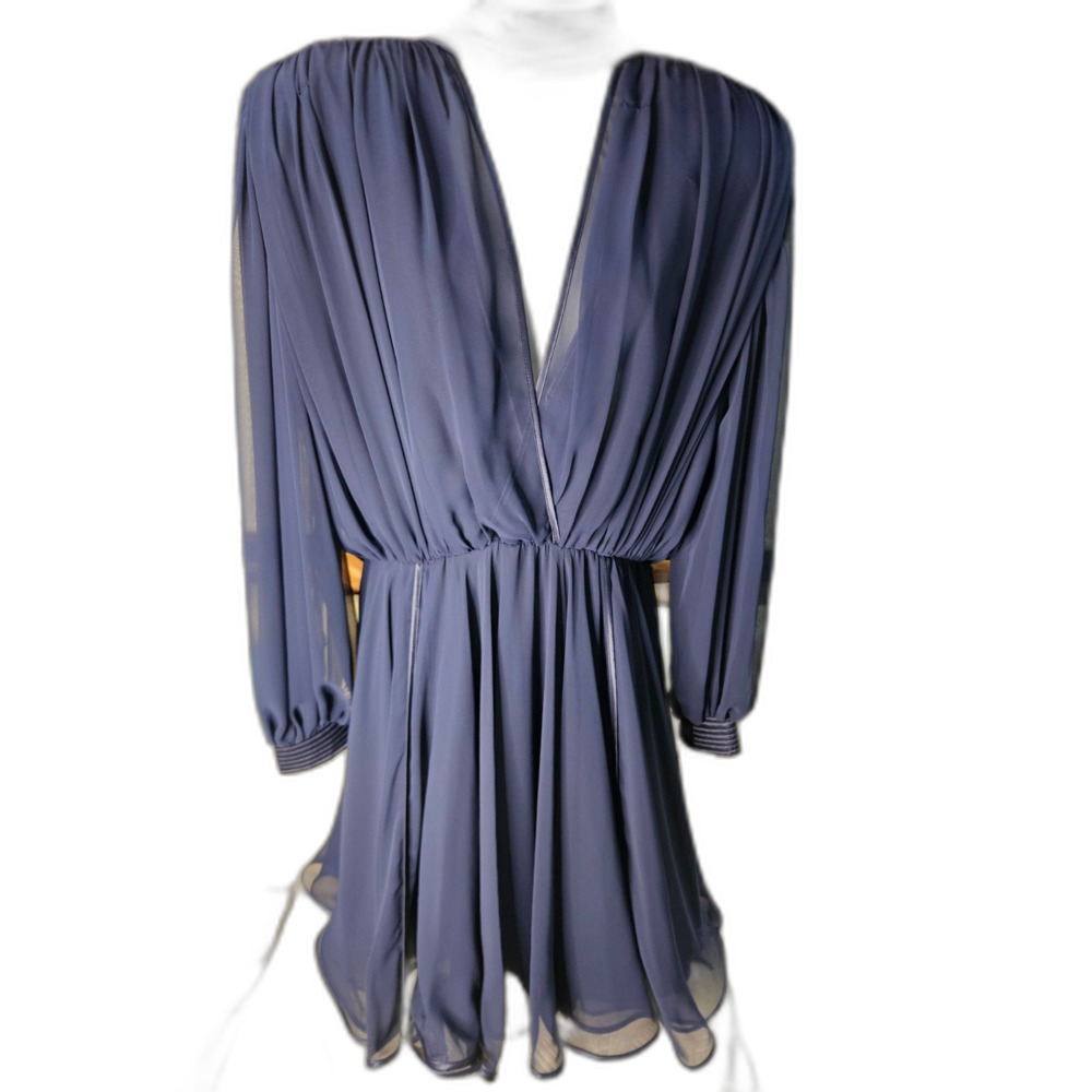 Wayne Clark Vintage Navy Blue Chiffon Dress Sz M Layered Sheer LIned Scarf Flowy - Picture 2 of 10